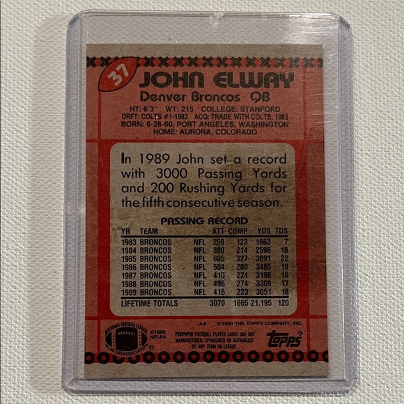 1990 Topps John Elway #37 Card with DISCLAIMER - Picture 2 of 3